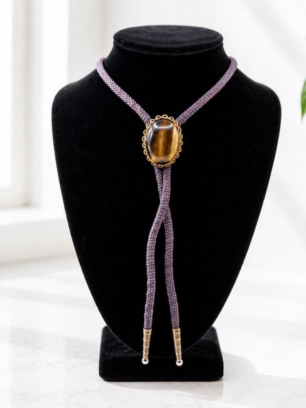 Tigers Eye Western Bolo Tie With Braided Cord & Goldtone Oval Slider 40" Length